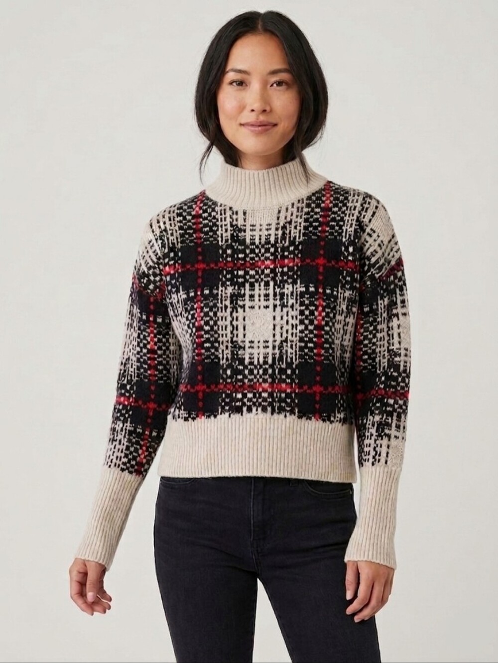 EXPRESS Turtleneck Plaid Knit Sweater in White, Black & Red Ribbed Cuff XS